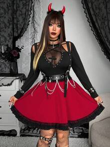 SHEIN Whyspr Grunge Punk Christmas Plus Size Women Adjustable Buckle Contrast Color Goth Style Suspender Dress - Burgundy - View 5
