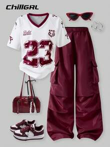 SHEIN 2pcs/Set Tween Girls' American Raglan Sleeve Patchwork Graphic T-Shirt And Cargo Pants, HYPEME Tween Girl