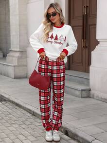 SHEIN LUNE Set de 2 pantalones casuales a cuadros a juego para mujer y niños en Navidad