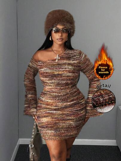 Maweii 大码女式条纹不对称肩部喇叭袖合身时尚连衣裙