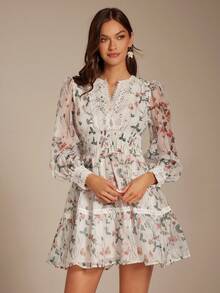 Enchnt Women's White Floral Elegant Mini Dress,Autumn Fall/Winter Lace Patchwork Long Puff Sleeve Sweet Date Tea Party Graduation Season Bohemian Clothing - White - View 1
