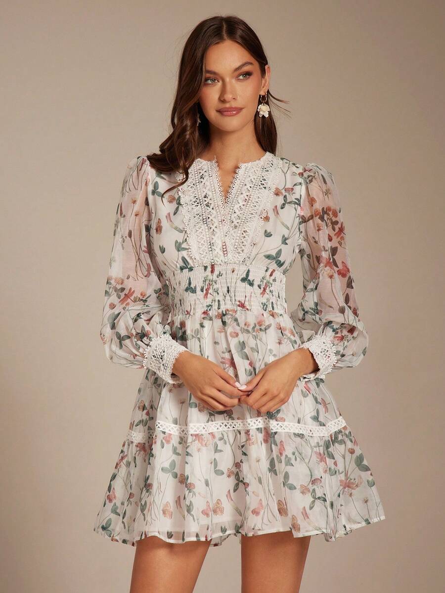 Enchnt Women's White Floral Elegant Mini Dress,Autumn Fall/Winter Lace Patchwork Long Puff Sleeve Sweet Date Tea Party Graduation Season Bohemian Clothing - White - View 1