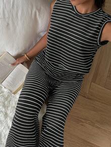 CovetEZ 2pcs Black Striped Knit Casual Set For Women Tall Two Piece Set Two Piece Set Women Comfy Casual Two Piece Set