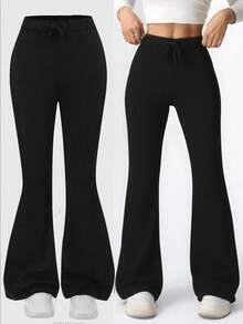 Girlism 青少年女孩休闲日常纯色抽绳喇叭腿运动裤 - 黑色 - 查看 7