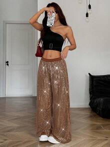 SHEIN EZwear Quần dài dự tiệc sequin rộng rãi có dây rút thời trang màu nâu cà phê - Cà phê nâu - Xem 4