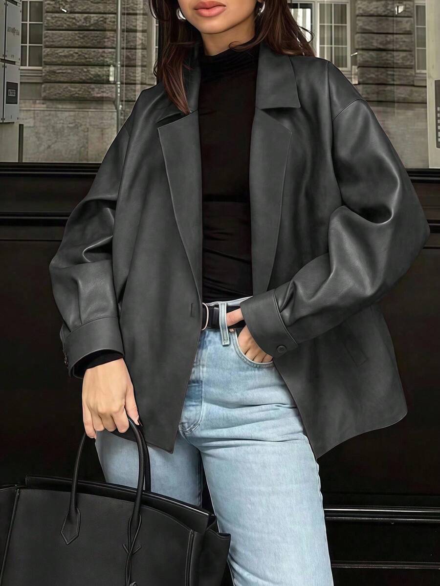 Cévolie New Retro Chic Fashion Loose Fit Blazer Style Women Leather Jacket