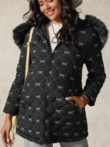Boho Mama Maternity Bow Pattern Hooded Long Sleeve Padded Coat