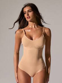 SHEIN BAE 1 件女士纯色塑身吊带背心三角裤 - 杏色 - 查看 5