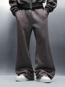 PLAYBOY X SUMWON 阔腿运动裤优质羊毛抽绳腰部宽松休闲秋冬家居裤带侧袋 - 深灰色 - 查看 3