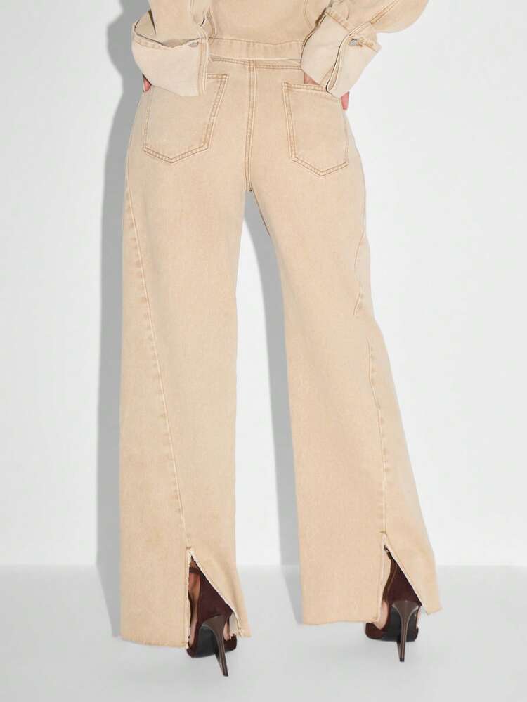 KIZN High Rise Wide Leg Denim Pants With Back Split