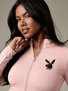 Missguided x Playboy Zip Up Athletic Jacket With Contrast Trim Drawstring Fitted Activewear Exercise Running Fitness Outerwear - Baby Pink - View 6