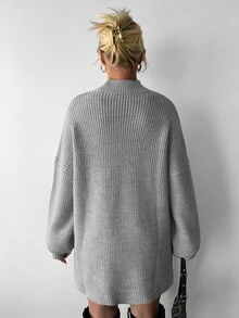 EURMUSE 女式立領下擺斜肩長袖毛衣,前短後長設計 - 灰色 - 查看 2