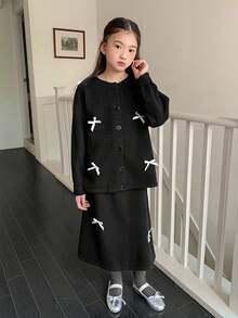 DAZY 少女蝴蝶结装饰落肩长袖针织开衫和针织迷你裙套装，秋冬季 - 黑色 - 查看 3