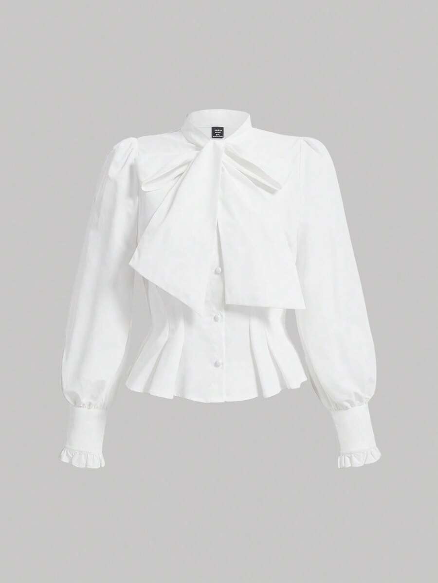 SHEIN MOD Plus Size Tie Neck Cinching Waist Collared Shirt - White - View 1