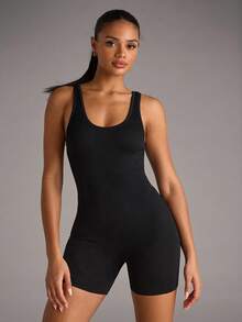 SHEIN BAE Macaquinho Esportivo com Costuras Invisíveis de Malha Canelada, Conjunto de Tênis Feminino, Conjunto de Ginástica Feminino - Preto - Visão 6