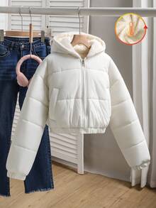 SHEIN 少女休闲短款连帽棉衣，保暖内衬，宽松版型，舒适，适合秋冬季日常穿着、户外、派对、拍照