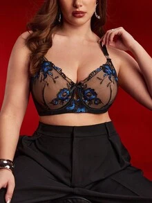 Empress Envy Plus Size Women Embroidered Underwire Bra, Blue & Black, Lift
