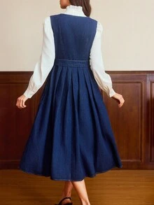 Vintamour Women's Elegant Navy Blue Denim Dress,Autumn Office Back-To-School Double-Breasted Sleeveless Pleated Hem Midi Dress With Belt & Gold Buttons,Vintage - Dark Wash - View 2