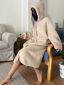 DAZY 女士加厚抓绒连帽长袍，冬季保暖蓬松 - 駝色 - 查看 6