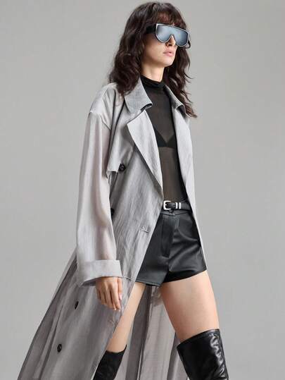 Ontre 女士薄纱长袖系带风衣，都市商务休闲优雅风，适合秋冬季婚礼宾客穿着