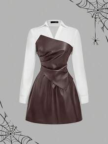 SHEIN MOD 女式休闲长袖 PU 皮革拼色迷你连衣裙，秋季