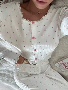 CottageSlumber Heart Print Lace Trim Decor Crew Neck Top & Long Pants 2 Pieces Pajama Set Pajama Sets For Women Round Neck Pj Sets For Women Long Sleeve Cherry Pajama Set Long Sleeve Lounge Set Pajamas Set Two Pieces, Fall Winter Clothes