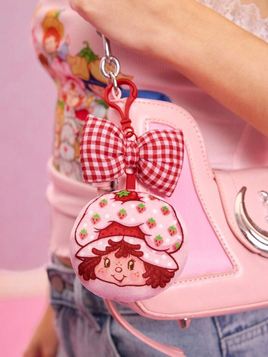 Strawberry Shortcake X SHEIN Móc khóa hình nhân vật hoạt hình kẻ caro và nơ, ý tưởng quà tặng. - Hồng - Xem 1