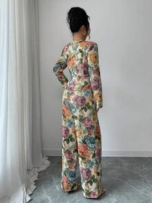 SHEIN Elenzya 女士优雅提花无弹力套装，秋冬 - 杏色 - 查看 2