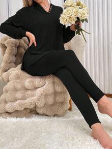 1 Set Women Solid Color Textured Half-Zip Long Sleeve Top And Pants Loungewear Set, Winter Clothes - Black - View 6