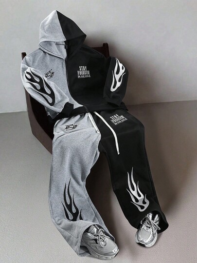 Street Life Men's Hooded Sweatsuit, Casual Street Style American Flame Patch Embroidery Colorblock Hoodie Set, Autumn/Winter