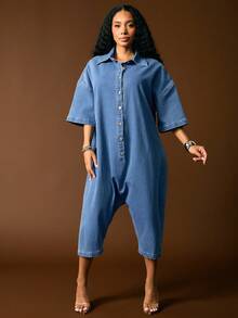 Vixey Mono de mezclilla con botones, caída de entrepierna y mangas cortas