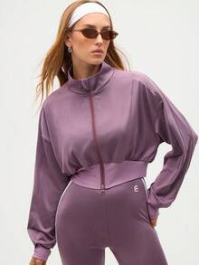 Eassivo Eassivo Women's Mauve Purple Zip-Up Track Jacket, Loose Fit Cropped High Neck Sports Top, Long Sleeve Stretch Athleisure Outerwear - Purple - View 7