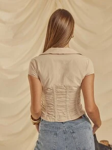 Aralina Fall / Winter Collared Hook And Eye Front Ruched Front Corset Style Short Sleeve Shirt Top With Lace Trim Perfect For Work Outfits For Women And Gong Out Party Top , Elegant Chic Cute Country Style