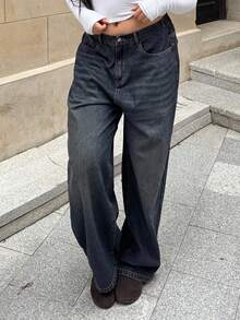 Dazy Plus Washed Distressed Loose Straight Leg Dark Wash Blue Long Jeans, Autumn