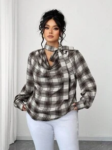 Elenzga Chemise à carreaux avec col châle pour femmes grandes tailles, automne/hiver - Marron - Voir 3