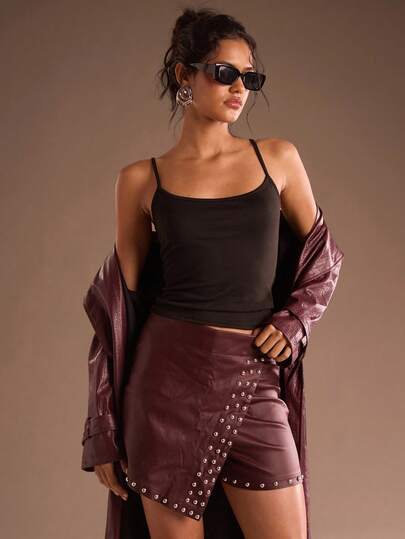  Glamine Women's Solid Color Tangerine Decoration Asymmetrical Hem Fashion Short Skirt Pu Leather Short Skirt Women's Short Skirt Wine Red SkirtWomen At WorkvintageUrban ComfortStreetweargirly AuCool Wear Collectioncool Productlean Fit Styleskirt