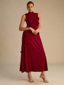 Enchnt Rochie romantică vișinie, fără mâneci, cu ornamente florale 3D, perfectă pentru toamnă și iarnă. Elegantă și stilată, este potrivită pentru petreceri, întâlniri, sărbători, absolviri, ieșiri în oraș, Halloween, Crăciun și alte ocazii. (Ținute de toamnă pentru femei, costume de toamnă, carnaval, ținute de Revelion pentru femei) - roșu - Vizualizare 6