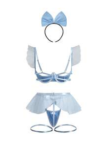 Fantasy Costume Bộ đồ lót 5 món màu xanh nhạt trong suốt lãng mạn ngây thơ, họa tiết bướm, thích hợp cho ngày lễ tình nhân, Halloween, nhập vai, công chúa băng giá, gợi cảm, Giáng sinh - Màu xanh nhạt - Xem 9