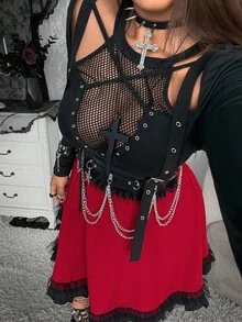 SHEIN Whyspr Grunge Punk Christmas Plus Size Women Adjustable Buckle Contrast Color Goth Style Suspender Dress - Burgundy - View 7