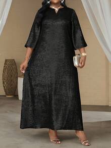 SHEIN Lady 秋冬生日派对礼服加大码V领短袖简约亮面开叉长款休闲连衣裙女士派对礼服金色礼服婚礼宾客礼服女士教堂礼服女士优雅服装 - 黑色 - 查看 3