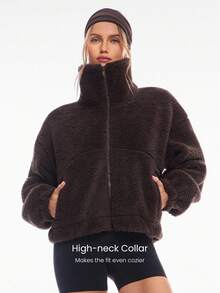 GLOWMODE Cozy Thick Polar Fleece Soft Warm Loose Fit Super High Collar Elastic Hem Jacket With Side Pockets Daily Casual Winter - Chocolate Brown - View 5