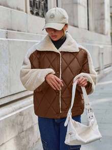 SHEIN Cottnline Padded Jacket With Fur Collar And Patchwork, Two Pockets At Front, Snap Buttons, Quilting Details Streetwear - Brown - View 7