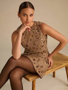 Enchnt Abito elegante da donna con decorazioni in paillettes, senza maniche, collo rotondo, estivo