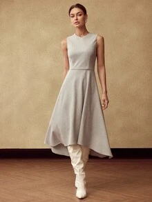 MOTF PREMIUM WOMEN'S WOOL BLEND YARN-DYED STRIPED ASYMMETRIC HEM MIDI DRESS WITHOUT BELT - Grey - View 5