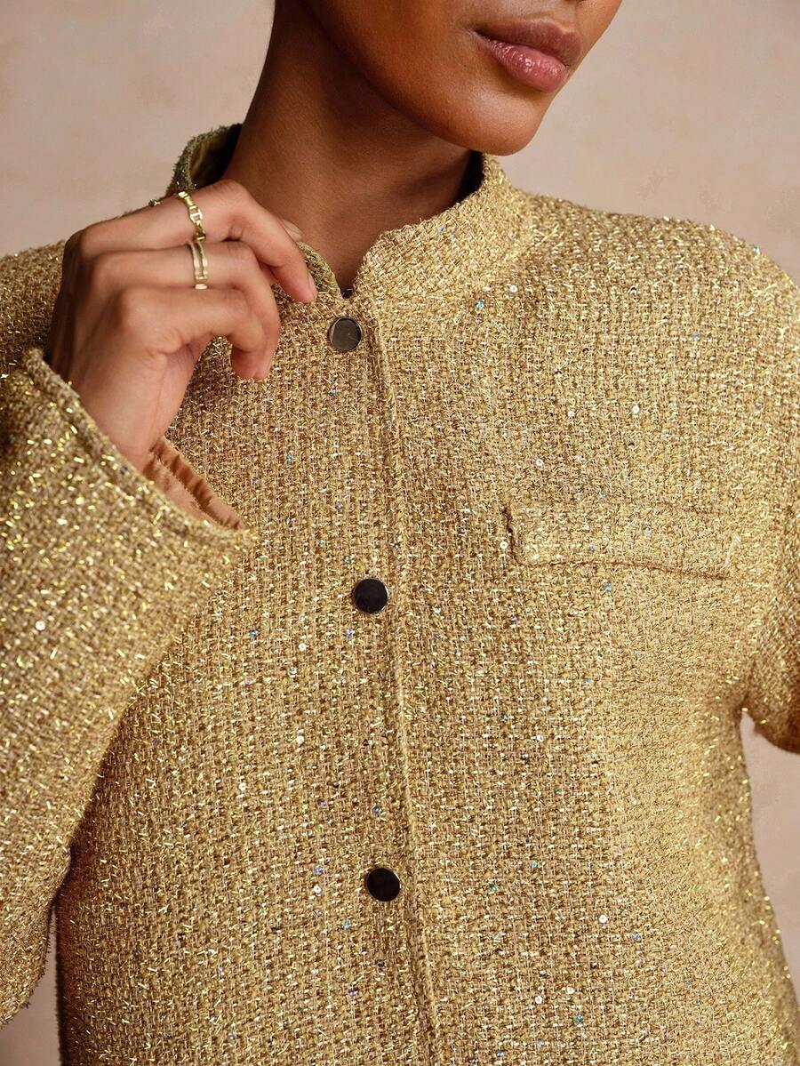 Lyxana 女式亮片装饰宽松长袖立领夹克 - 金色 - 查看 1
