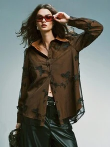 Airlisse Women's Solid Color Lace Crochet Patchwork Stand Collar Long Sleeve Blouse