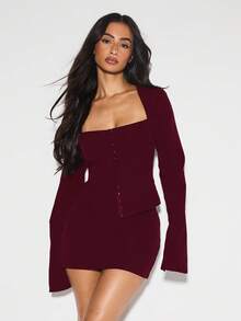 KIZN Long Sleeve Square Neck Button Front Corset Top Fitted Tailored Autumn Winter Holiday Party Special Occasion Evening Elegant Formal Wear - Burgundy - View 5
