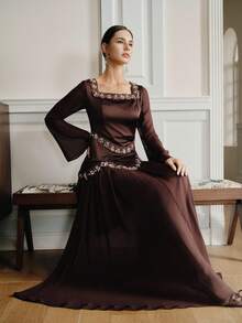 Anewsta 女式新款无袖细肩带蓝色性感串珠紧身连衣裙，优雅精致的街头风格连衣裙 - 摩卡棕 - 查看 6