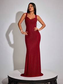 女式酒红色弹力闪光可变形 V 领无袖露背拉链开合优雅性感派对长裙 - 酒紅色 - 查看 3