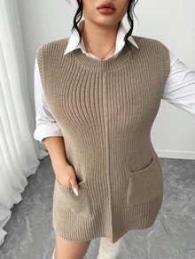 Elenzga Plus Size Women Loose Knit Crew Neck Casual Sleeveless Sweater Vest With Large Pockets, Solid Color, Autumn/Winter - Khaki - View 2